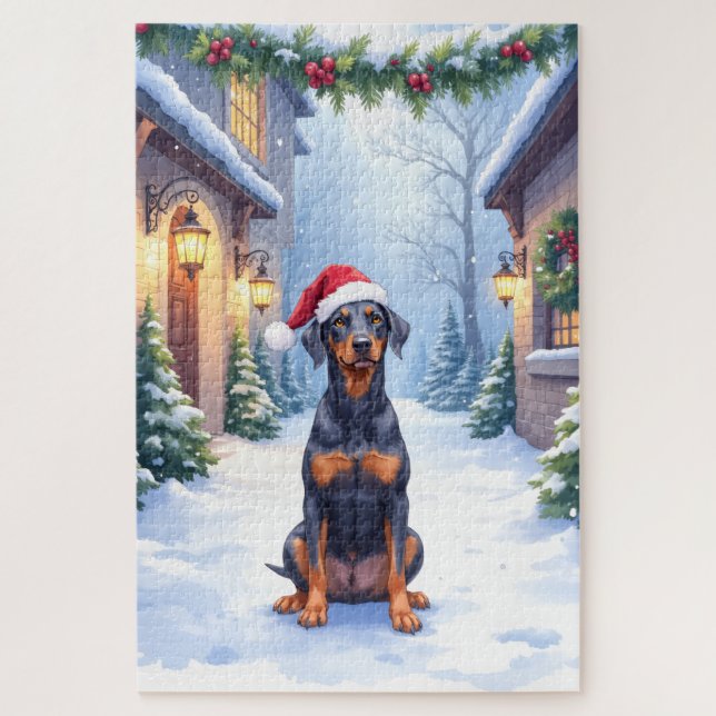 Puzzle German Pinscher Snowy Courtyard Santa Hat (Vertical)
