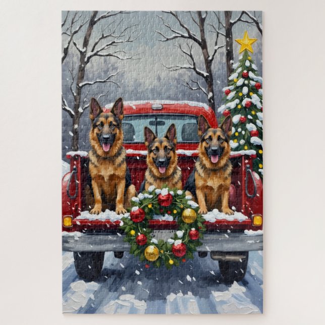 Puzzle German Shepherd Christmas Red Truck Holiday (Vertical)