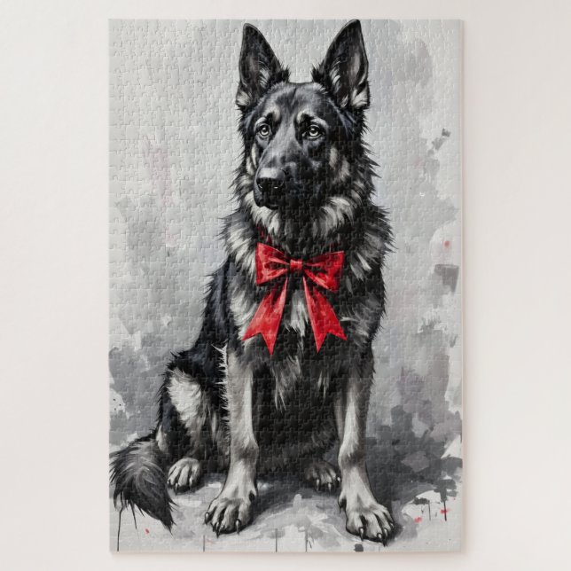 Puzzle German Shepherd Dog Valentine's Day Red Bow (Vertical)