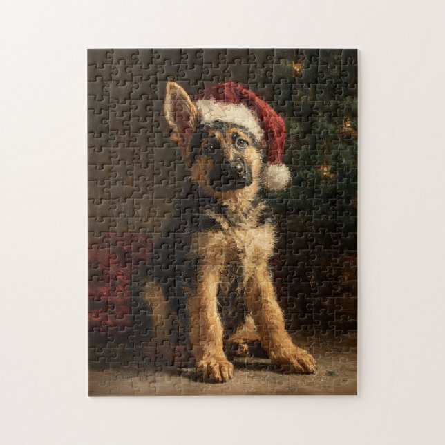 Puzzle German Shepherd Puppy Christmas Painting (Vertical)