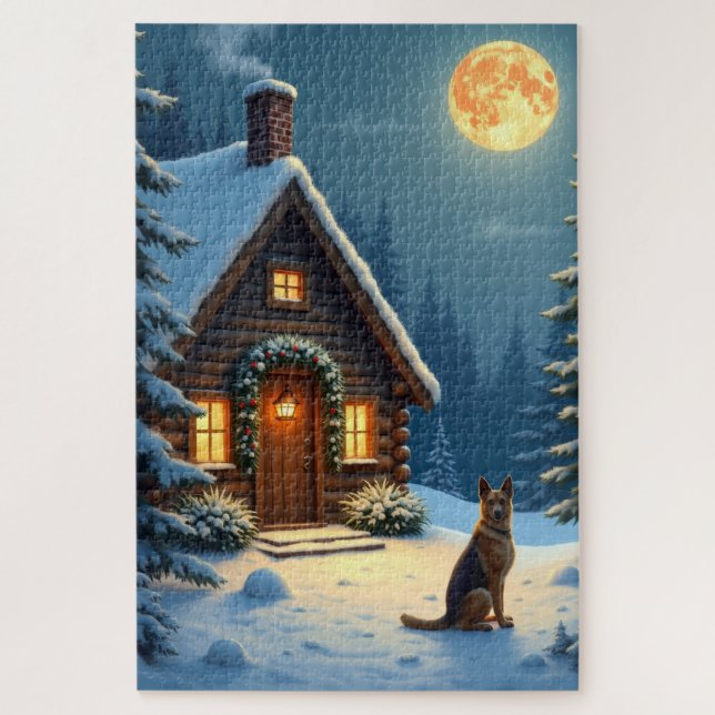 Puzzle German Shepherd Snowy Forest Cabin Christmas Paint (Vertical)