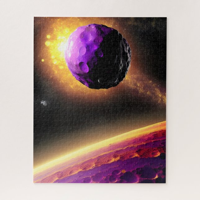 Puzzle Giant Purple Object Orbiting Towards Pink Surface (Vertical)