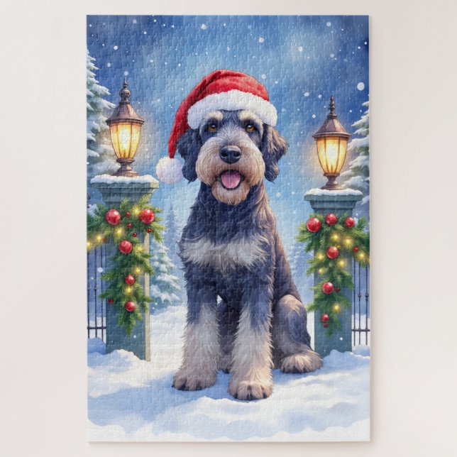 Puzzle Giant Schnauzer Snowy Iron Fence Santa Christmas (Vertical)