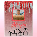 Puzzle Gimnasia Purpurina rojo y plateado Personalizado F<br><div class="desc">Diseño Gymnastics Red and Silver Purpurina Drip Ombre personalizado con el nombre de su gimnasta o su nombre de club de gimnasia y su propia foto.</div>