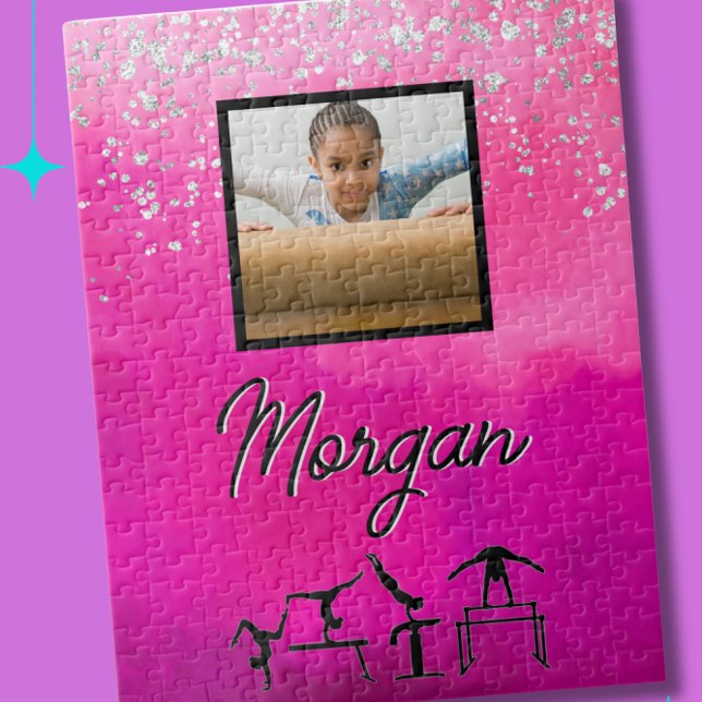 Puzzle Gimnasia Rosa, Plata, Personalizado Purpurina Foto (Custom made gymnastics puzzle with the name and photo of your gymnast)