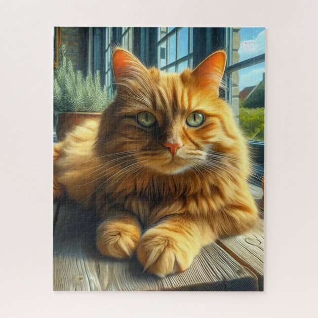Puzzle Ginger Cat Louning en una mesa por una ventana (Vertical)
