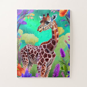 Puzzle Girafa cuta rodeada de flores