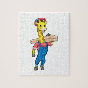 Puzzle Giraffe como carpintero con madera