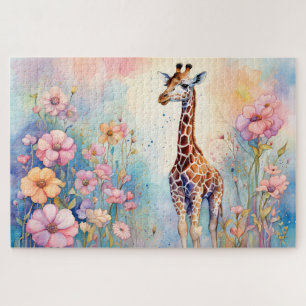 Puzzle Giraffe Cuta en un jardín pastel