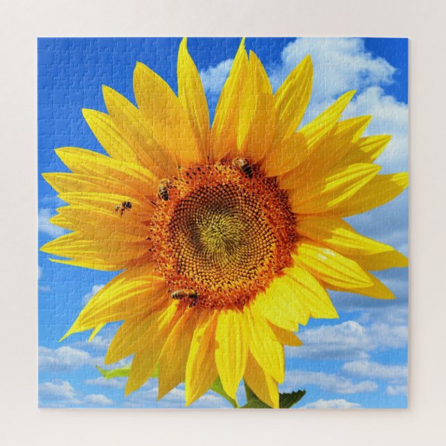 Puzzle Girasol amarillo y abejas en el cielo azul - Día d (Vertical)