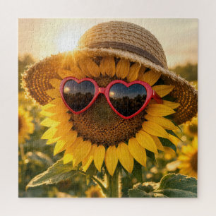 Puzzle Girasol con gafas de sol y sombrero de paja
