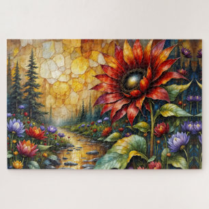 Puzzle Girasol rojo en el valle junto al arroyo