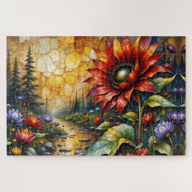 Puzzle Girasol rojo en el valle junto al arroyo (Horizontal)