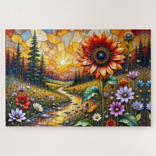 Puzzle Girasol rojo en valle junto a arroyo (Horizontal)
