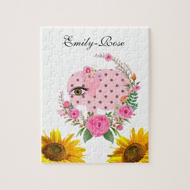 Puzzle Girasol rompe Elefante Rosa Floral (Vertical)