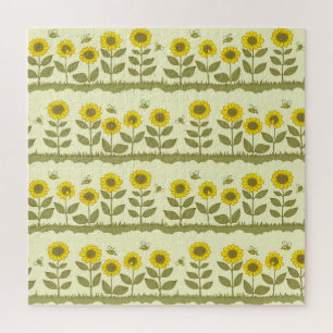 Puzzle Girasoles, abejas, patrón continuo adorable.