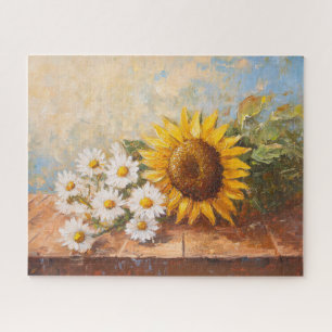 Puzzle Girasoles y margaritas en mesa rústica