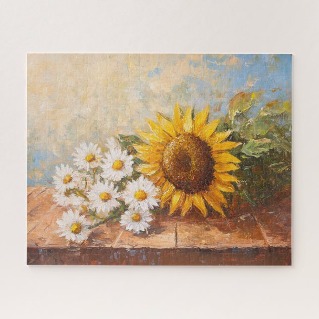 Puzzle Girasoles y margaritas en mesa rústica (Horizontal)