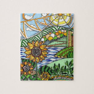 Puzzle Girasoles y paisaje urbano caprichosos de Zentangl