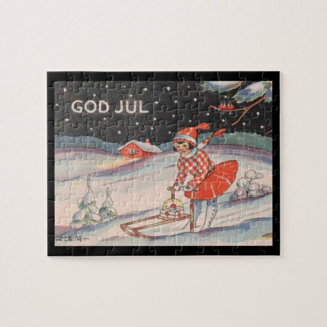 Puzzle Girl on a sled, snow - vintage Christmas (Horizontal)