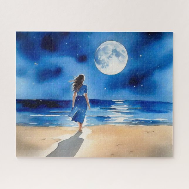 Puzzle Girl on the Beach Under a Full Moon (Horizontal)