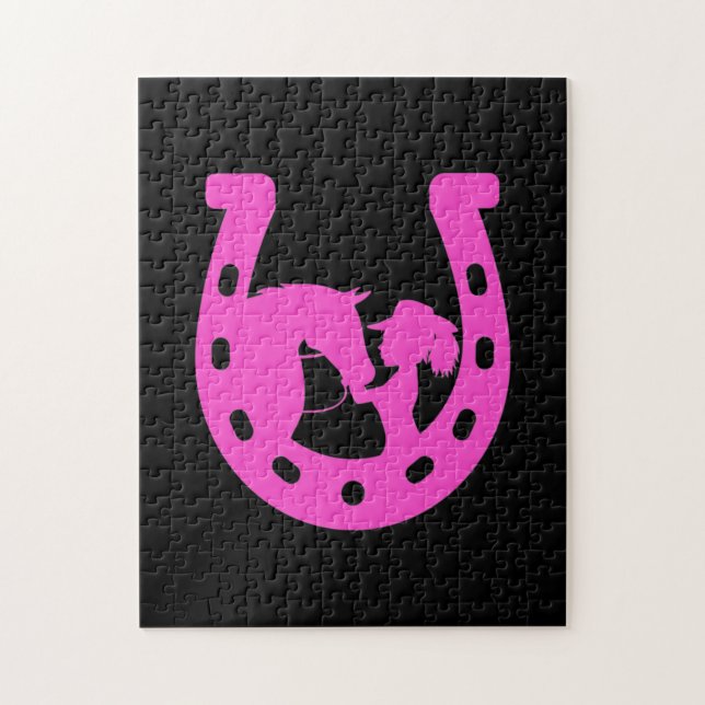 Puzzle Girl with Horse and Western Hat Hot Pink Horseshoe (Vertical)
