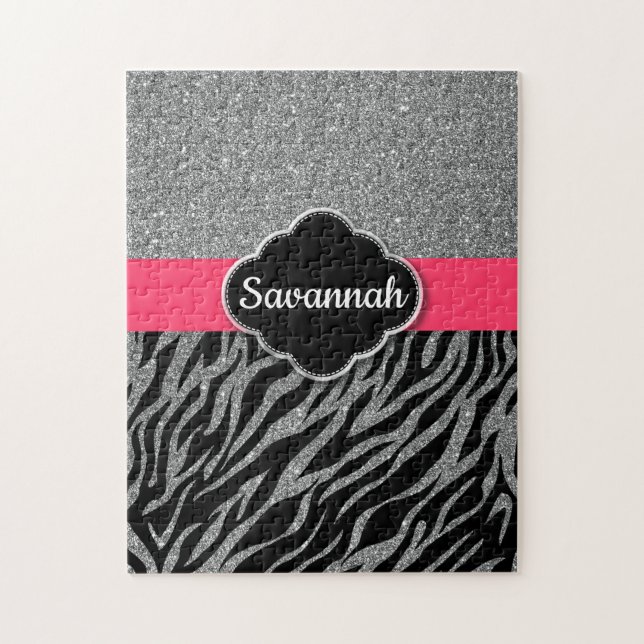 Puzzle Girona Purpurina Plata Cebra Rosa Glam Añadir su n (Vertical)