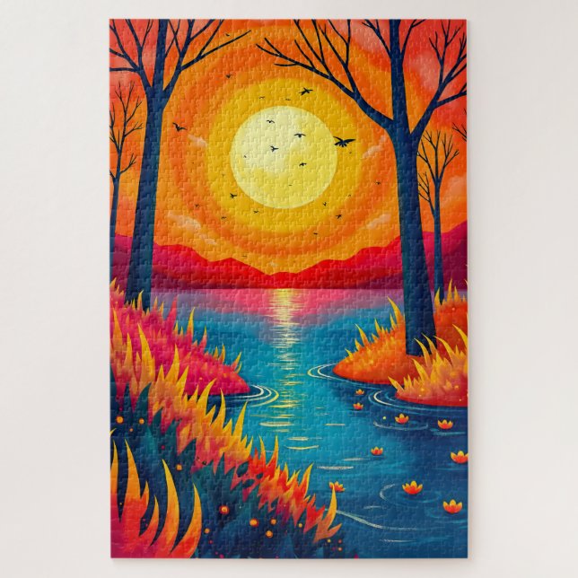Puzzle Glowing Sunset River Vibrant Nature Painting (Vertical)