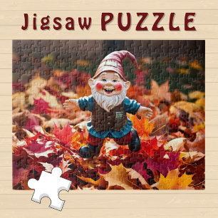 Puzzle Gnomo Feliz y Lindo en Hojas de Otoño Caídas -