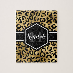 Puzzle Gold Black Leopard Spots Monogram