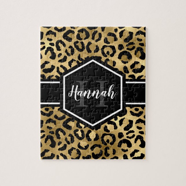 Puzzle Gold Black Leopard Spots Monogram (Vertical)