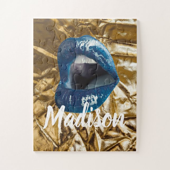 Puzzle Gold Blue Lips Makeup Beauty Custom Personalized J (Vertical)