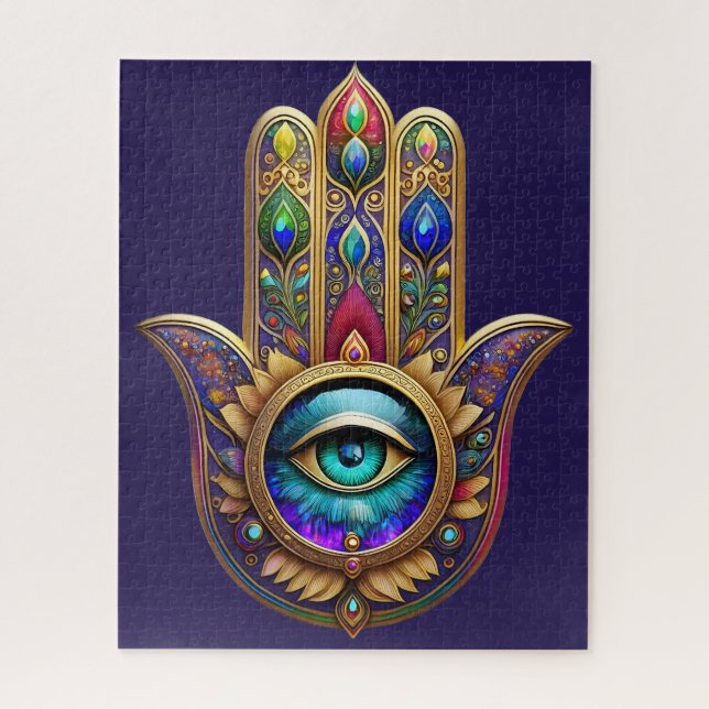 Puzzle Gold Peacock Colors Hamsa Green Sapphire Third Eye (Vertical)