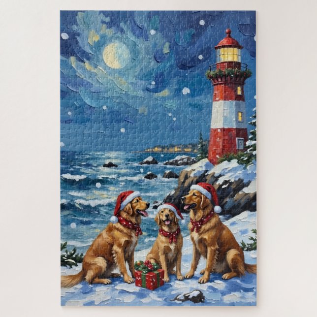Puzzle Golden Retriever Christmas Lighthouse Holiday (Vertical)