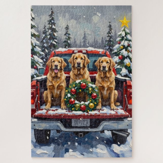 Puzzle Golden Retriever Christmas Red Truck Holiday (Vertical)