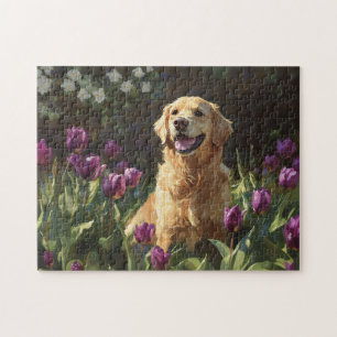 Puzzle Golden Retriever con tulipanes morados