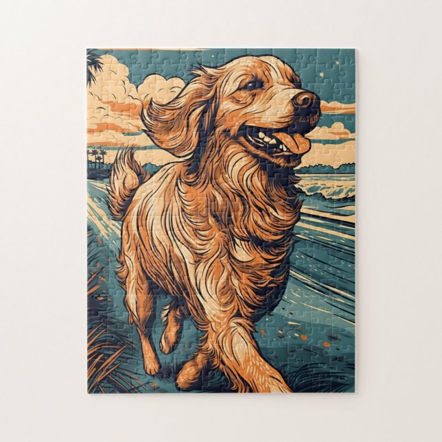 Puzzle Golden Retriever en una playa tropical al atardece (Vertical)