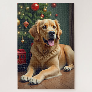 Puzzle Golden Retriever junto al tren de juguete de Navid