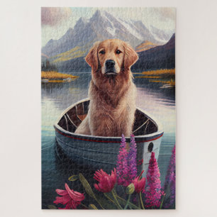 Puzzle Golden Retriever on a Paddle: Una aventura panorám