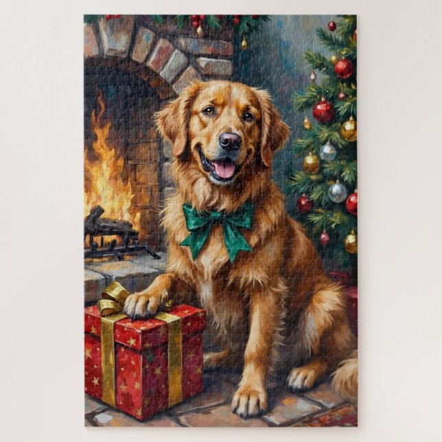 Puzzle Golden Retriever Patiently Guarding Christmas Gift (Vertical)