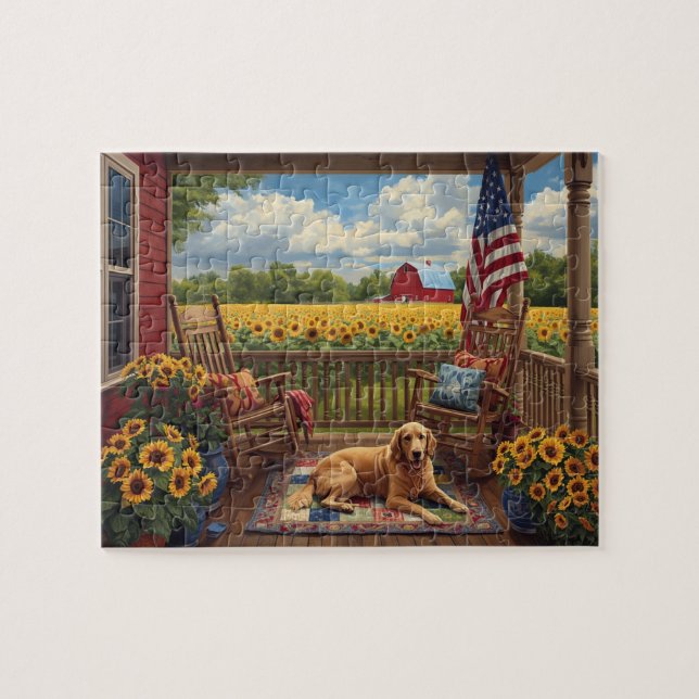 Puzzle Golden Retriever Porch Sunflowers USA Flag (Horizontal)
