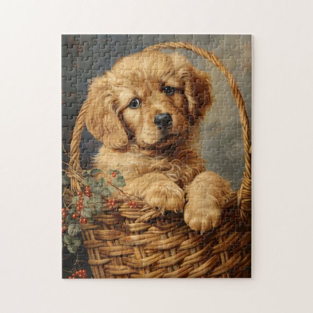 Puzzle Golden Retriever Puppy en una cesta (Vertical)
