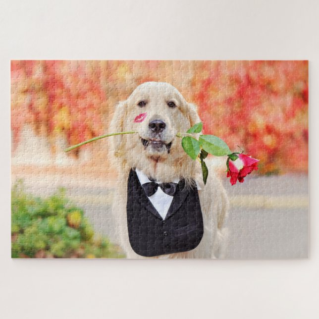 Puzzle Golden Retriever Red Rose Love Dog Nature Animal (Horizontal)