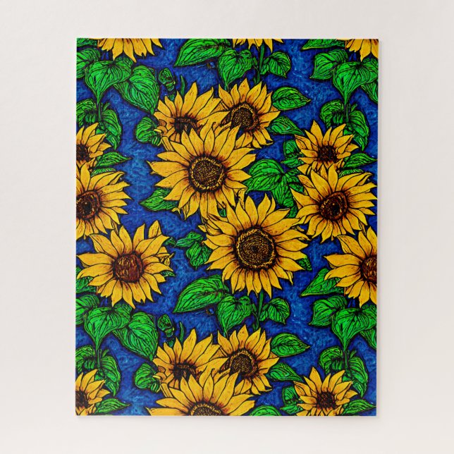 Puzzle Golden Sunflowers & Leaves on Dark Blue  (Vertical)