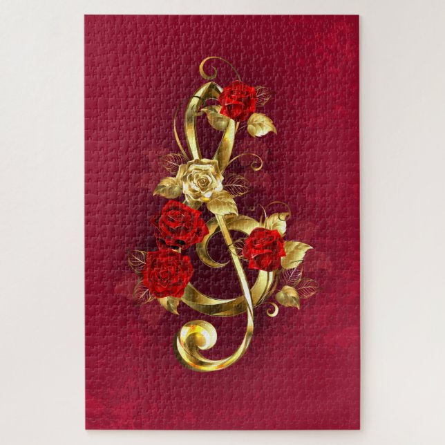 Puzzle Golden Treble Clef con flores Rosas (Vertical)