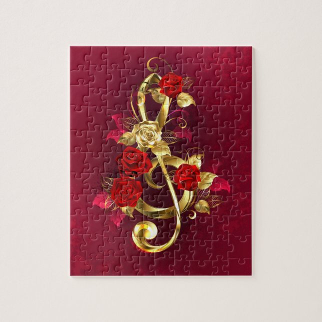 Puzzle Golden Treble Clef con flores Rosas (Vertical)