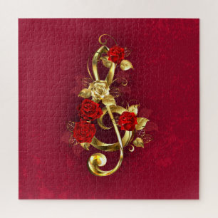 Puzzle Golden Treble Clef con flores Rosas