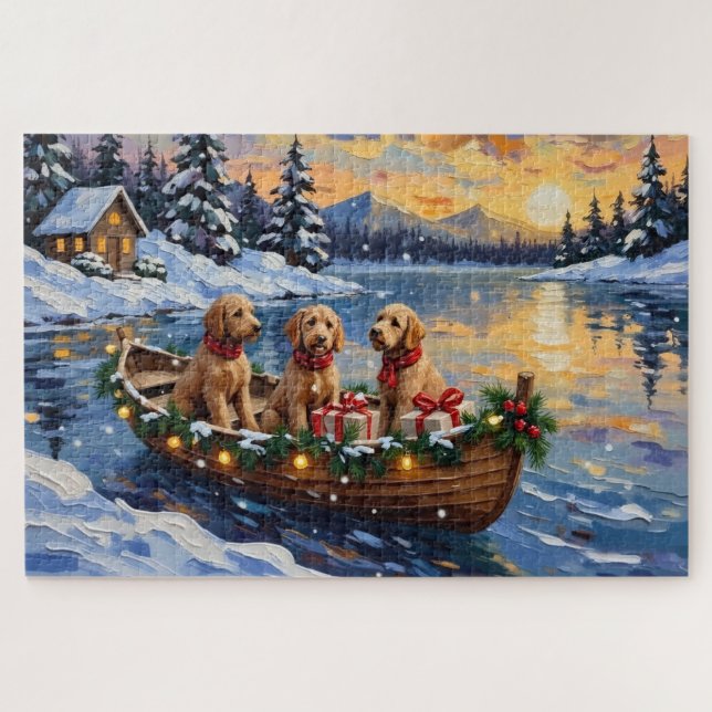 Puzzle Goldendoodle Christmas Boat Holiday (Horizontal)