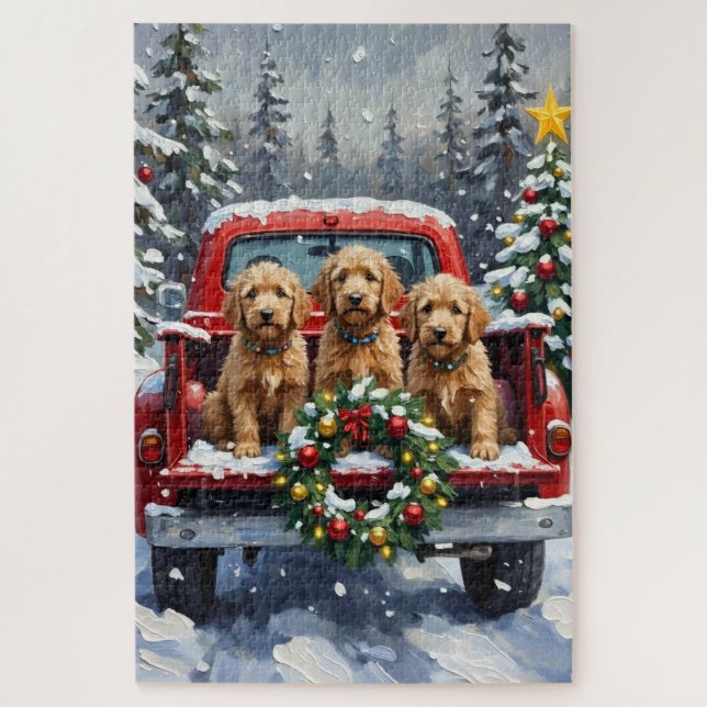 Puzzle Goldendoodle Christmas Red Truck Holiday (Vertical)