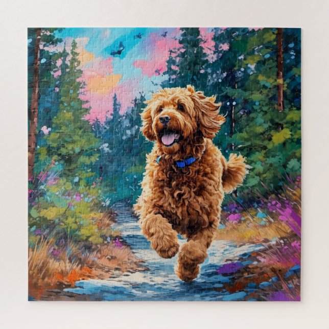 Puzzle Goldendoodle corre por la selva (Vertical)